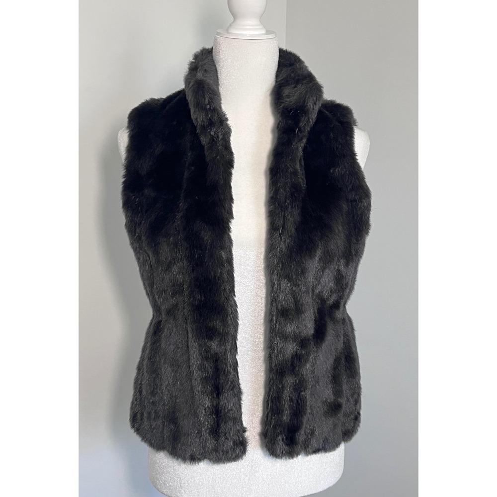 Banana Republic Faux Fur Vest Womens XS Petite Shimmery Black Mob Wife Aesthetic
